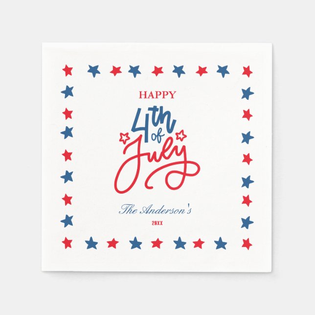 Guardanapo De Papel Modern Red, White & Blue 4 De Julho Festa De Janto (Frente)