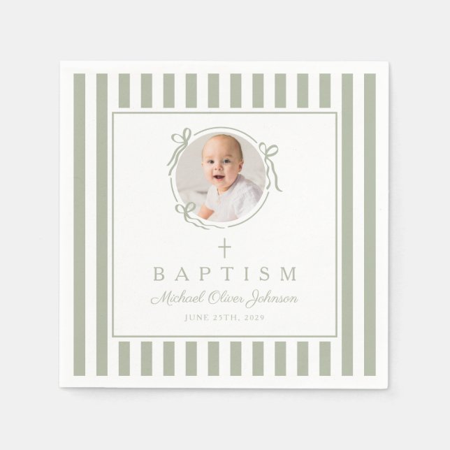 Guardanapo De Papel Modern Sage Green Religius Photo Boy Baptism (Frente)
