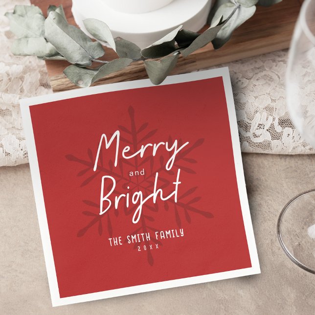 Guardanapo De Papel Modern Script Merry & Bright Snowflakes Christmas (Modern Script Merry & Bright Snowflakes Christmas Napkins)