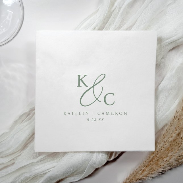 Guardanapo De Papel Modern Simple Monogram Sage Green Wedding (Elegant sage green wedding logo / monogram napkins in a simple modern design.)