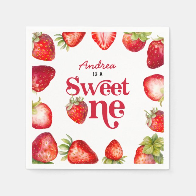 Guardanapo De Papel Modern Strawberry Sweet One First Birthday Girl (Frente)