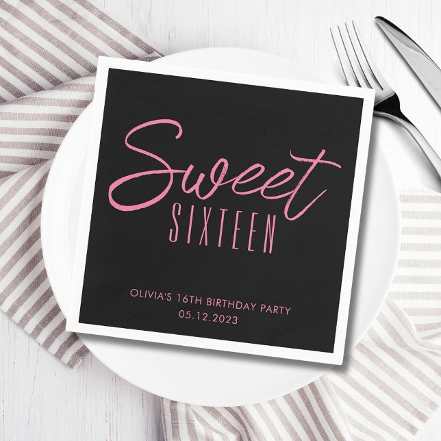 Guardanapo De Papel Modern Sweet Sessenta Meninas Negras Rosa 16.º par (Sweet Sixteen 16th Sixteenth girls birthday party paper napkins in black & pink. See full range.)