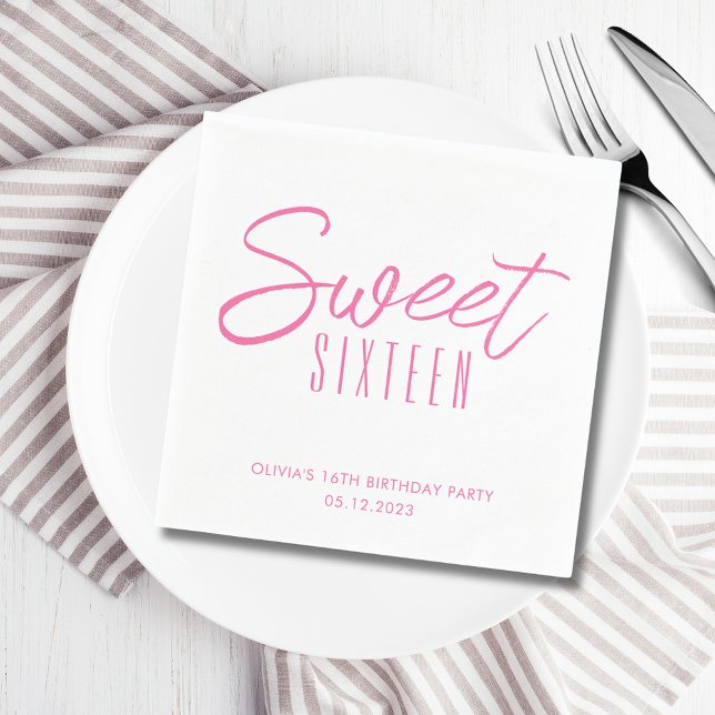 Guardanapo De Papel Modern Sweet XVI Pink Girls 16º partido (Sweet Sixteen 16th Sixteenth girls birthday party paper napkins in white & pink. See full range.)