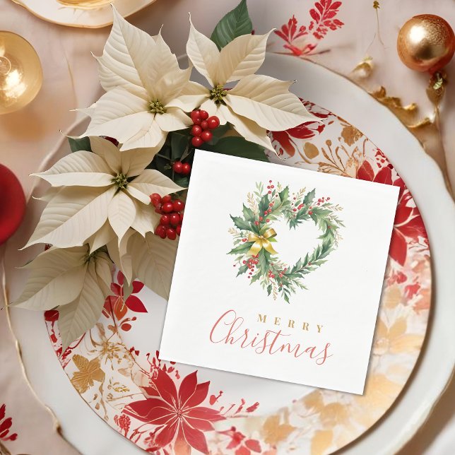 Guardanapo De Papel Modern Wreath Heart-Shape Merry Christmas Script (Modern Wreath Heart-Shape Merry Christmas Poinsettias Script Typography Holidays Napkins.)