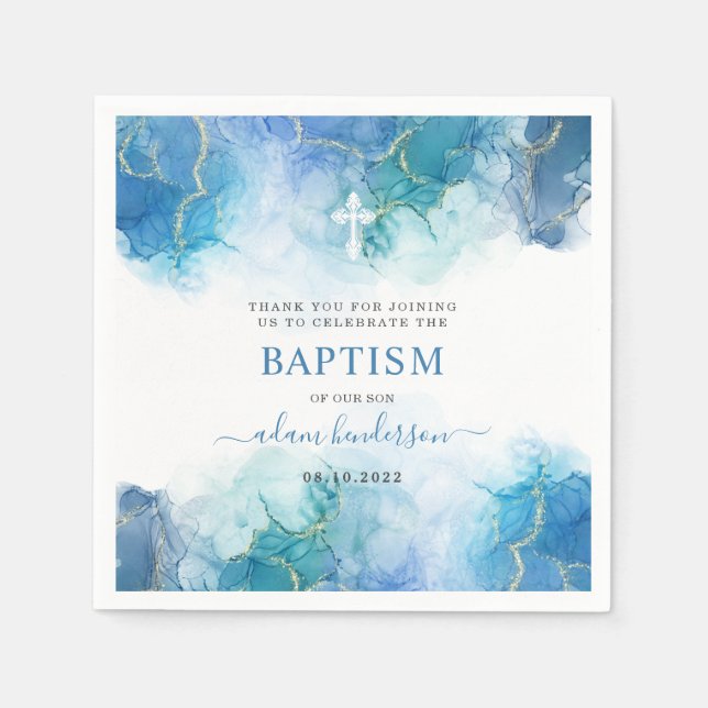 Guardanapo De Papel Moderno Blue Watercolor Boy Baptism Obrigado (Frente)