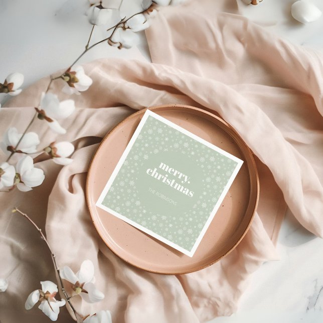 Guardanapo De Papel Moderno Feliz Natal Sage Floco de Neve Verde (Christmas holiday snowflake pattern napkin)