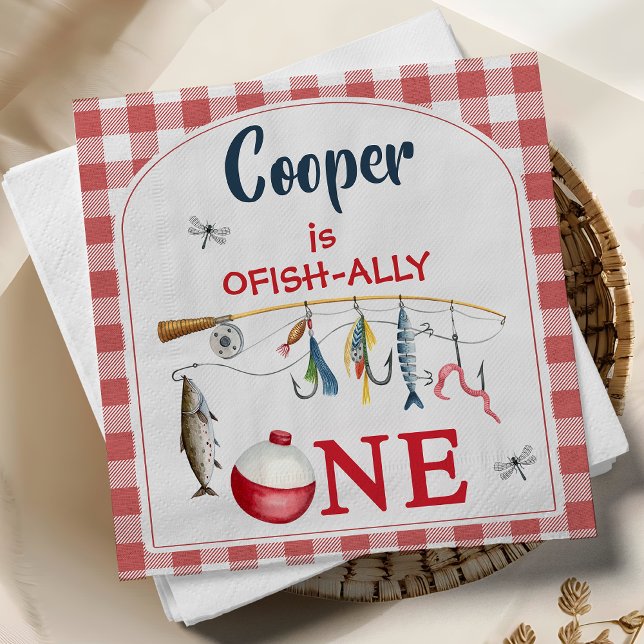 Guardanapo De Papel Moderno Gingham Vermelho Ofishally Um 1º Aniversár (Fishing themed O-fish-ally 1st birthday party Napkins,
Ofish-ally One 1st Birthday Paper Napkin,)