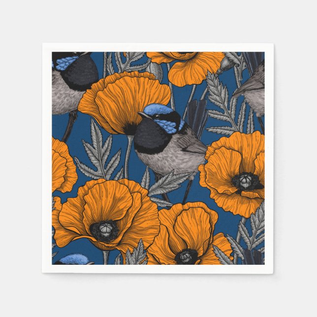 Guardanapo De Papel Moinhos de fada e flores de papoila laranja (Frente)