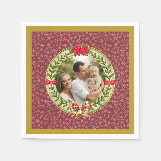 Guardanapo De Papel Moldura de Imagem Personalizada e Coroa de Natal  (Frente)