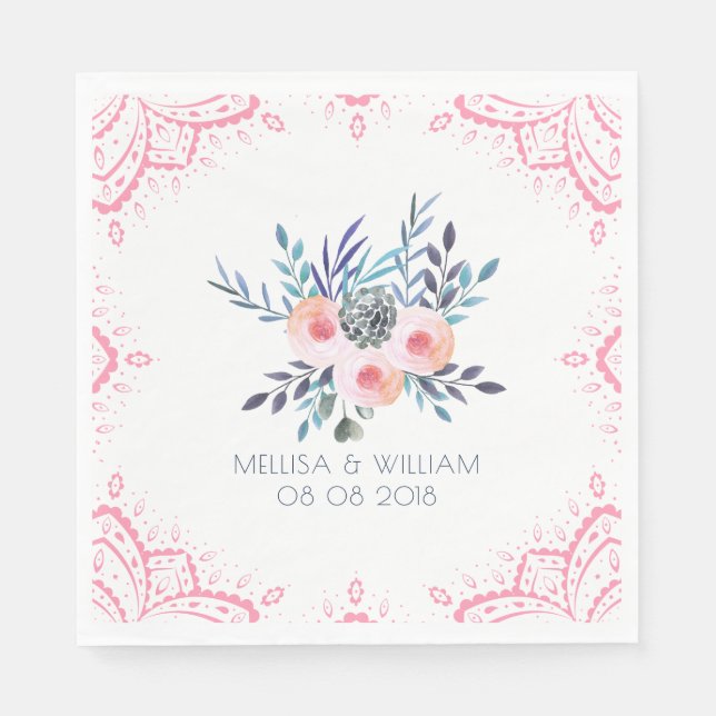 Guardanapo De Papel Moldura Floral Buquê e Cor-de-Rosa (Frente)