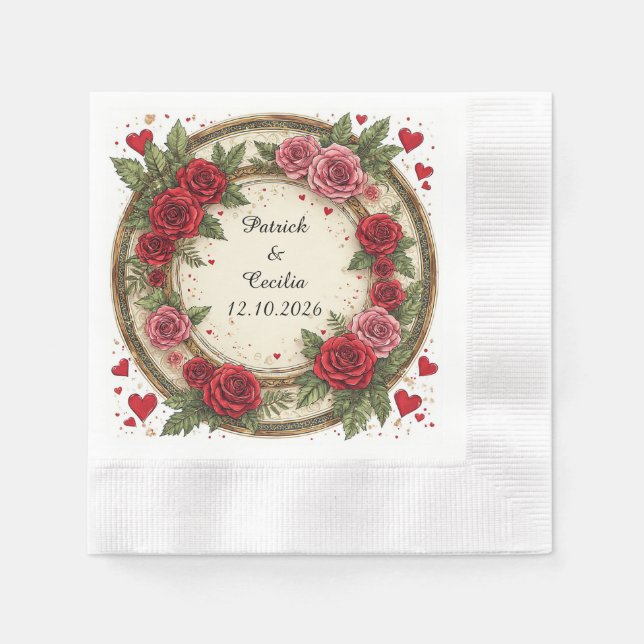 Guardanapo De Papel Moldura Floral com Rosas Vermelhas e Rosas (Frente)