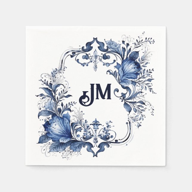 Guardanapo De Papel Molduras azuis e brancas delft com flores (Frente)