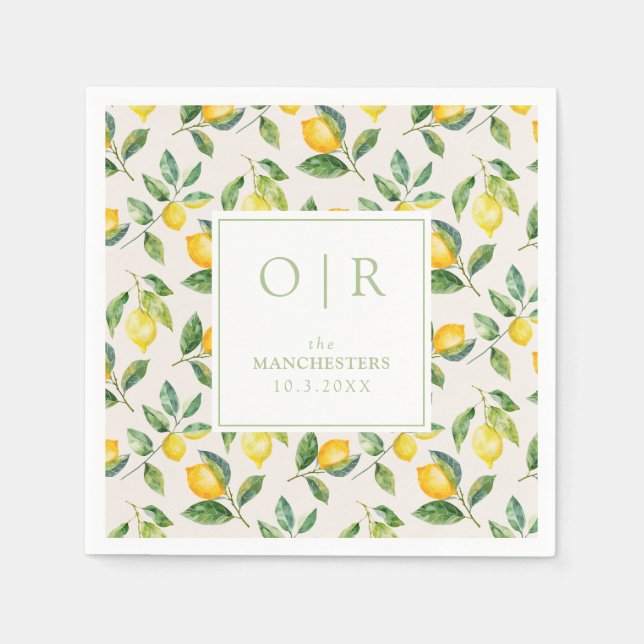 Guardanapo De Papel Monogram Watercolor Lemon Wedding (Frente)
