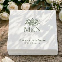 Monogram Wedding Ornate Floral Green Paper