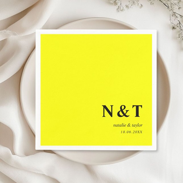 Guardanapo De Papel Monograma amarelo-neon (Monogram, modern, simple, elegant napkins, neon-yellow, with your names and date.)