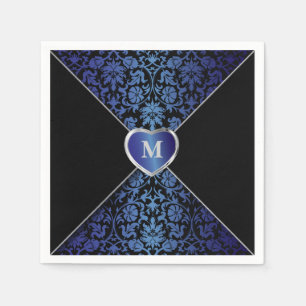 Guardanapo De Papel Monograma azul escuro e preto elegante do damasco