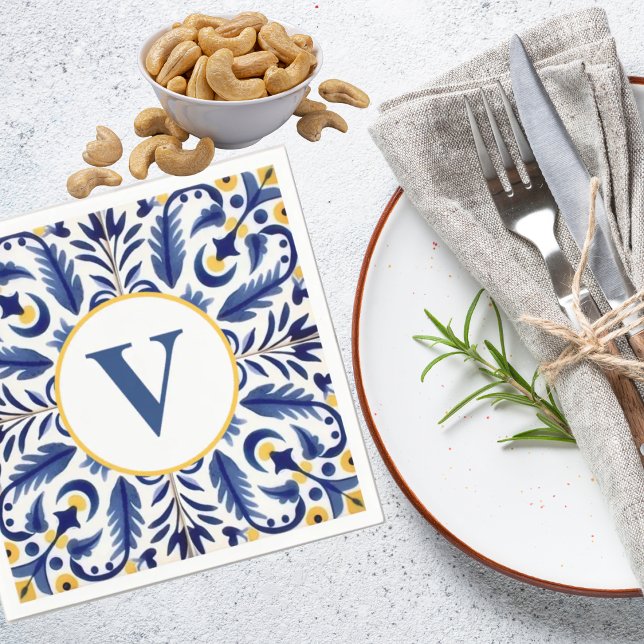 Guardanapo De Papel Monograma Azul Flor Amarelo Limão (Criador carregado)