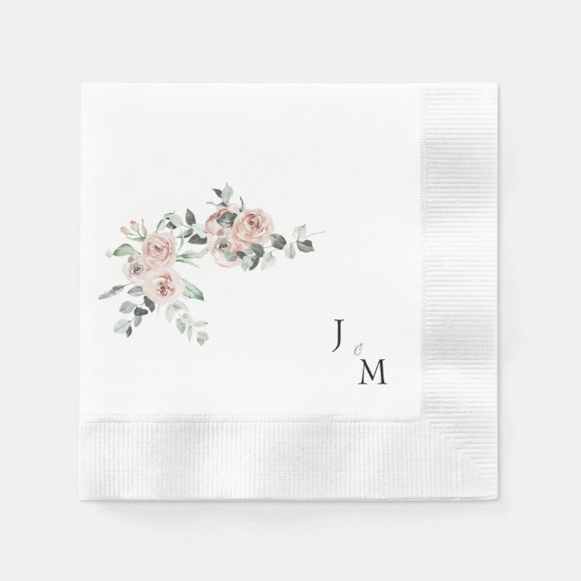 Guardanapo De Papel Monograma Blush Floral Casamento Cozido (Frente)