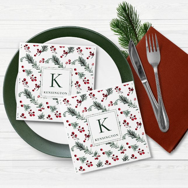 Guardanapo De Papel Monograma Botânico de Natal Elegante Moderno (Modern Elegant Christmas Botanical Monogram Napkins)