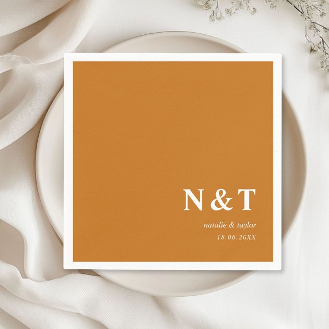 Guardanapo De Papel monograma castanho-alaranjado (Monogram, modern, simple, elegant orange-brown napkins, with your names and date.)