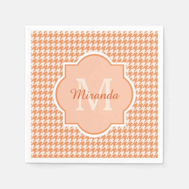 Guardanapo De Papel Monograma Chic Orange Houndstooth com Nome (Frente)