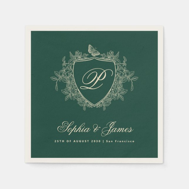 Guardanapo De Papel Monograma clássico esmeralda verde casamento (Frente)