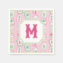 Monograma de Azulejos de Mahjong Pink & Green Palm