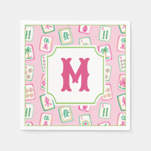 Guardanapo De Papel Monograma de Azulejos de Mahjong Pink & Green Palm