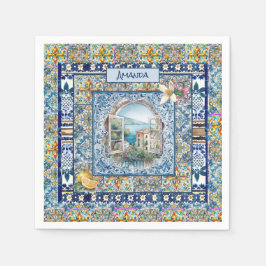 Guardanapo De Papel monograma de azulejos florais azuis-italianos de v