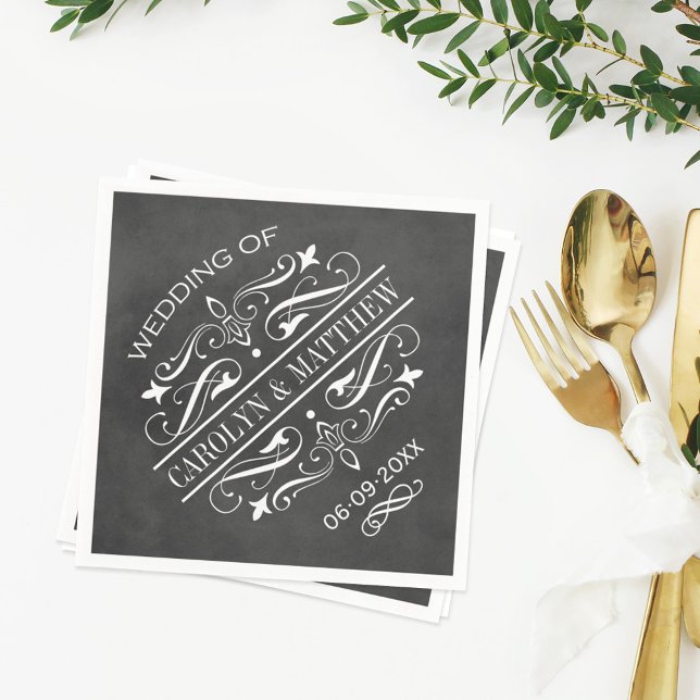 Guardanapo De Papel Monograma de Casamento com Floreio de Quadro Negro (Criador carregado)