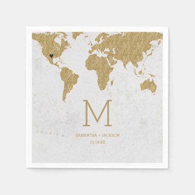 Guardanapo De Papel Monograma de Casamento de Destino do Mapa Mundial  (Frente)
