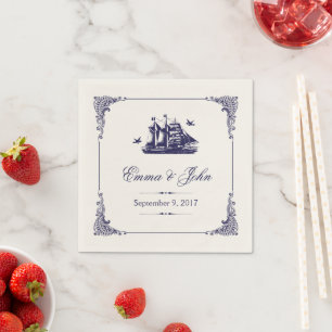 Guardanapo De Papel Monograma de Casamento de Nave de marinho e Vintag