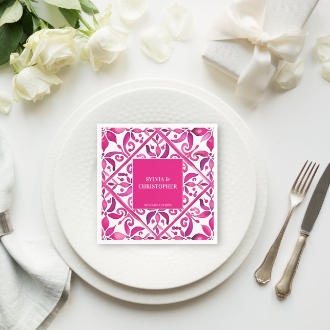 Guardanapo De Papel Monograma de casamento de talavera, rosa, impresso (Pink Spanish Mexican talavera Hacienda wedding monogram printed Napkins template personalized decor)