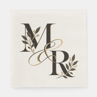 Guardanapo De Papel Monograma de casamento M & R preto dourado floral