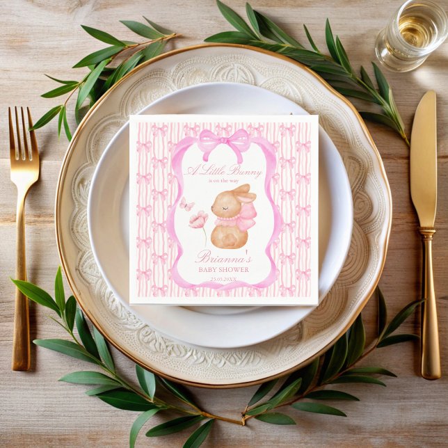 Guardanapo De Papel Monograma de chá de fraldas rosado a coelho (Bunny pink bow girls baby shower monogrammed printed napkins personalized table decor)