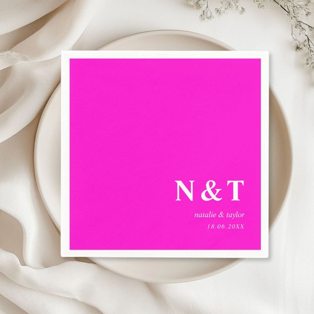 Guardanapo De Papel Monograma de cor-de-rosa-neon (Monogram, modern, simple, elegant napkins, neon-pink, with your names and date.)