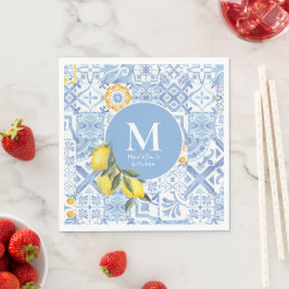 Guardanapo De Papel Monograma de fruta de limão, azulejo azul
