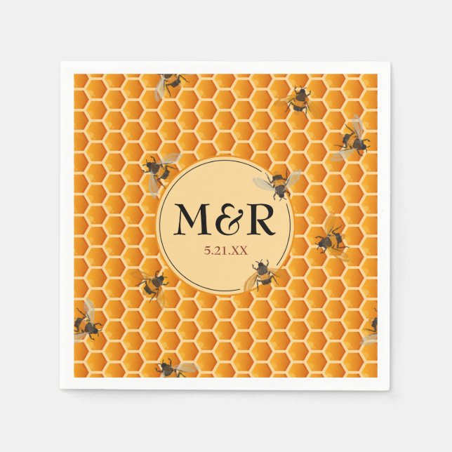 Guardanapo De Papel Monograma de Honeybee Iniciais Dourado Casamento (Frente)