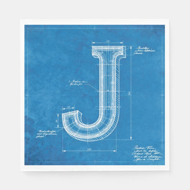 Guardanapo De Papel Monograma de Letra J em Blueprint (Frente)