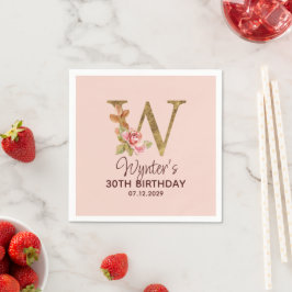 Guardanapo De Papel Monograma de letra W dourado com rosas cor de rosa