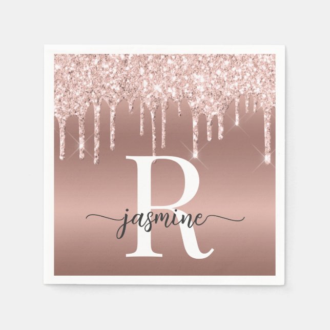 Guardanapo De Papel Monograma de Metal com Pingos de Glitter em Rosa D (Frente)