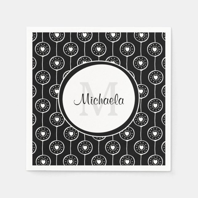 Guardanapo De Papel Monograma de na moda Black e White Hearts com Nome (Frente)