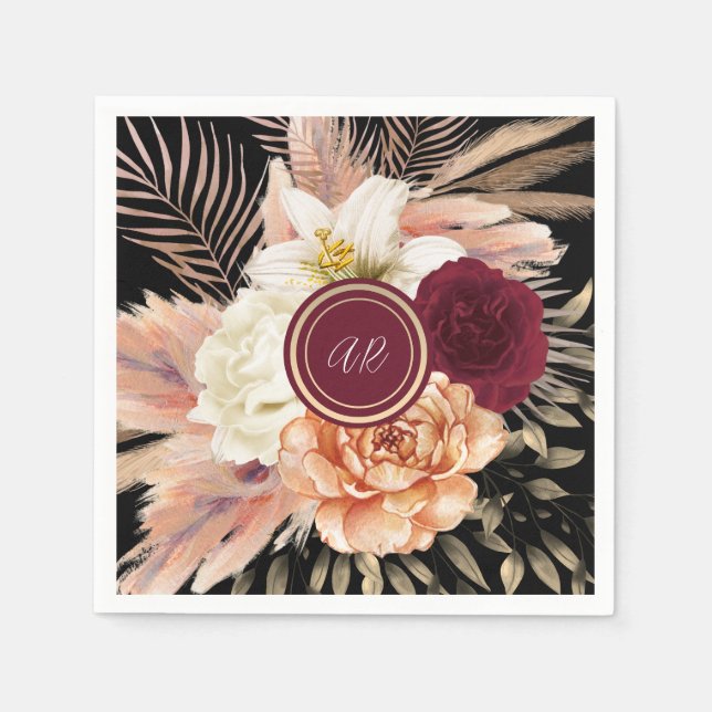 Guardanapo De Papel Monograma de Noiva com Floral Preto (Frente)