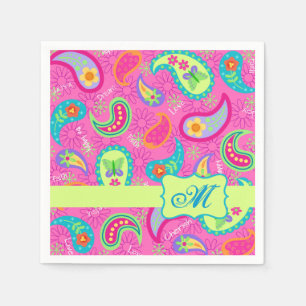 Guardanapo De Papel Monograma de Paisley Moderno Rosa Quente