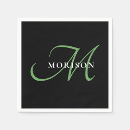 Guardanapo De Papel Monograma de Script Verde Preto Moderno Elegante