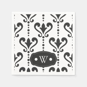 Guardanapo De Papel Monograma do Damasco Branco e Preto Elegante