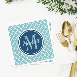 Guardanapo De Papel Monograma do Quatrefoil Azul e Aqua Marinho Modern