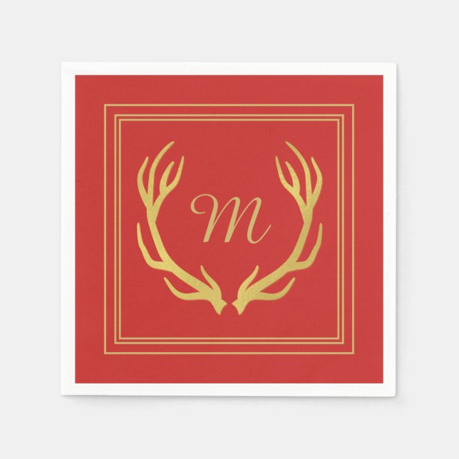 Guardanapo De Papel Monograma Dourado Antlers Papel de Natal Napkin |  (Frente)