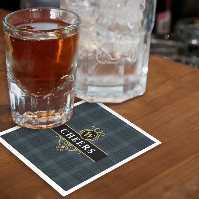 Guardanapo De Papel Monograma Dourado Elegante de Xadrez Preta Inicial (Criador carregado)