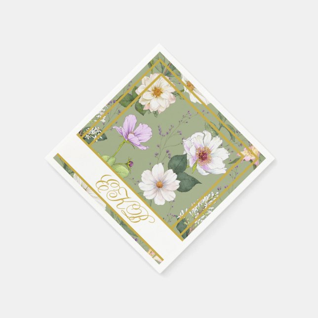 Guardanapo De Papel Monograma Dourado Floral Elegante Moderno Verde (Canto)